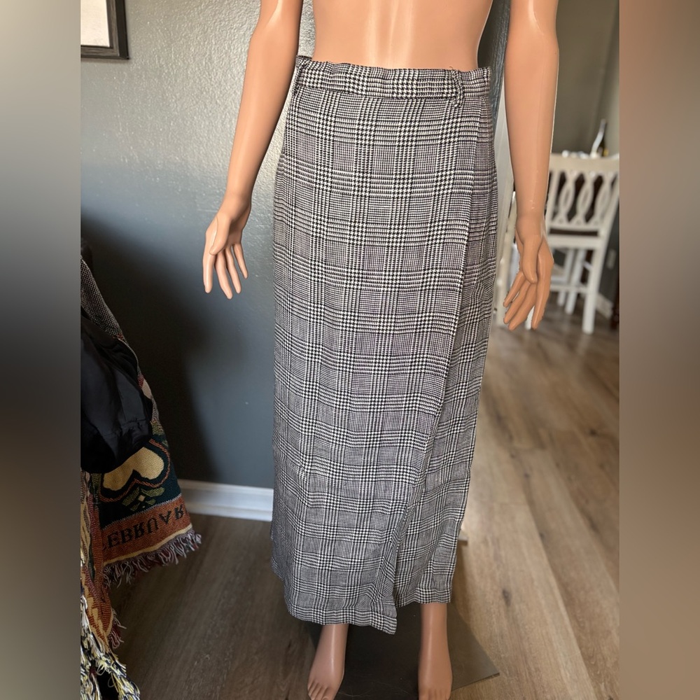British Khaki Black and White Checkered Linen Faux Wrap Skirt